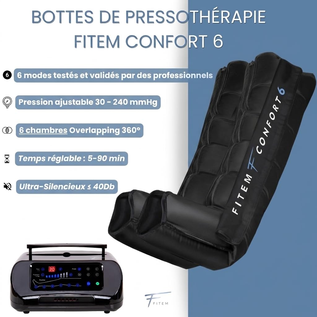Fitem Bottes de Pressothérapie 6 chambres - 6 modes de Massage - Massage Jambes, pieds - Drainage lymphatique, Jambes Lourdes, Œdème, Lymphoedème, Lipoedème, Cellulite - Récupération Sportive
