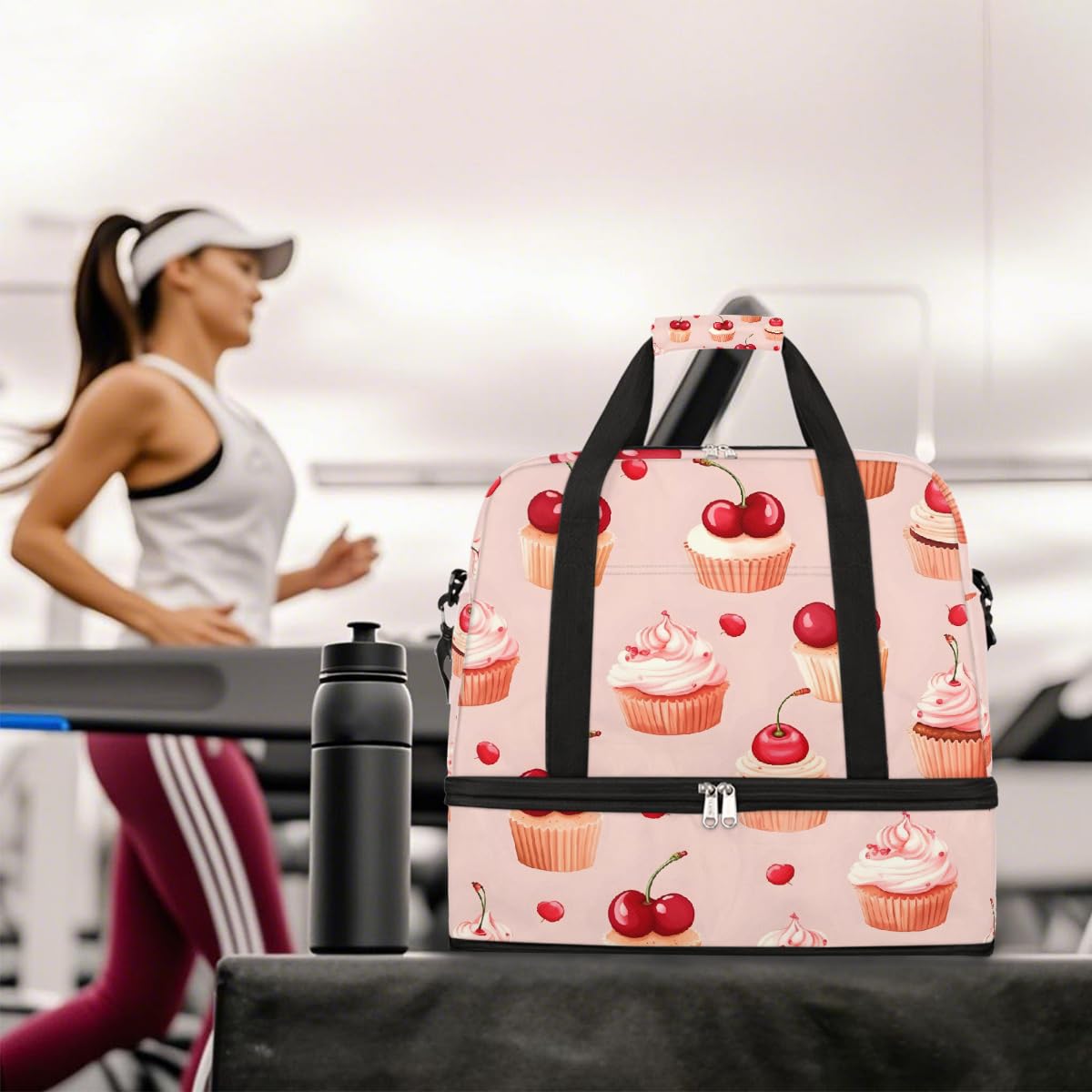 Borsone da viaggio pieghevole con motivo torta di ciliegie, borsa da palestra espandibile con scomparto per scarpe, borsa da weekend di grande capacità, borsa da viaggio per sport, viaggi notturni