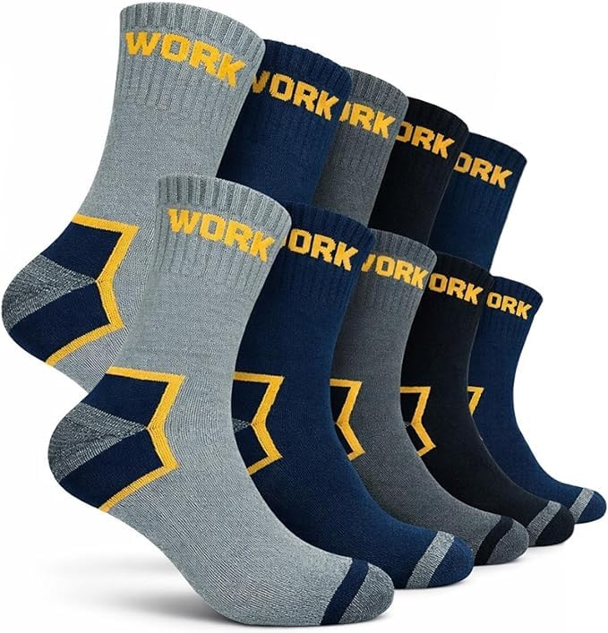 Calcetines Trabajo Hombre Reforzados, Calcetines Acolchados para largas jornadas de Trabajo de Algodón con Talón y Punta Reforzados , Diseño Surtido (FR/ES, Números, 40, 46, Regular, Regular, X10)