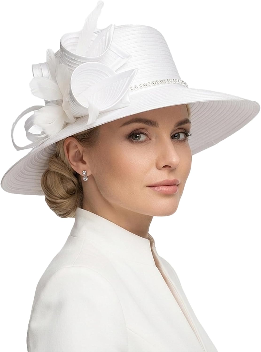 Women Derby Church Dress Wide Brim Hat, 1920s Vintage Feather Rhinestone Tea Party Wedding Cloche Bowler Hat