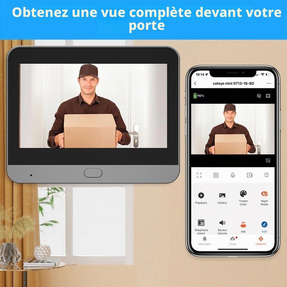 Caméra numérique pour Judas de Porte, 1080P Grand Angle avec Moniteur LCD Couleur de 4,3 Pouces, Vision à 120°, Sonnette Intelligente WiFi, détecteur de Mouvement PIR