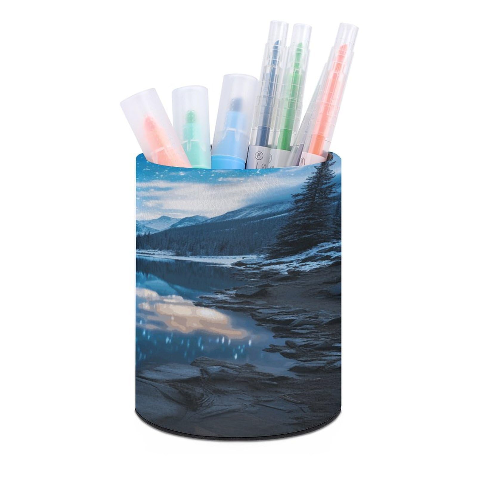 FekiLoot PU Leather Round Pen Holder Moraine Lake in A Starry Winter Night Pencil Holder Desk Organizer Pen Organizer Pen Cup Pencil Cup Caddy Desktop Stationery Organizers for Office Home Supplies