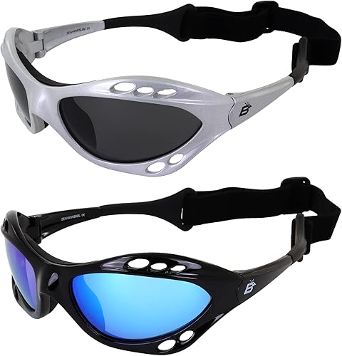 Birdz Gafas de sol Seahawk polarizadas para moto acuática, gafas deportivas de kite-boarding, surf, kayak, 2 pares de marcos negros y plateados con