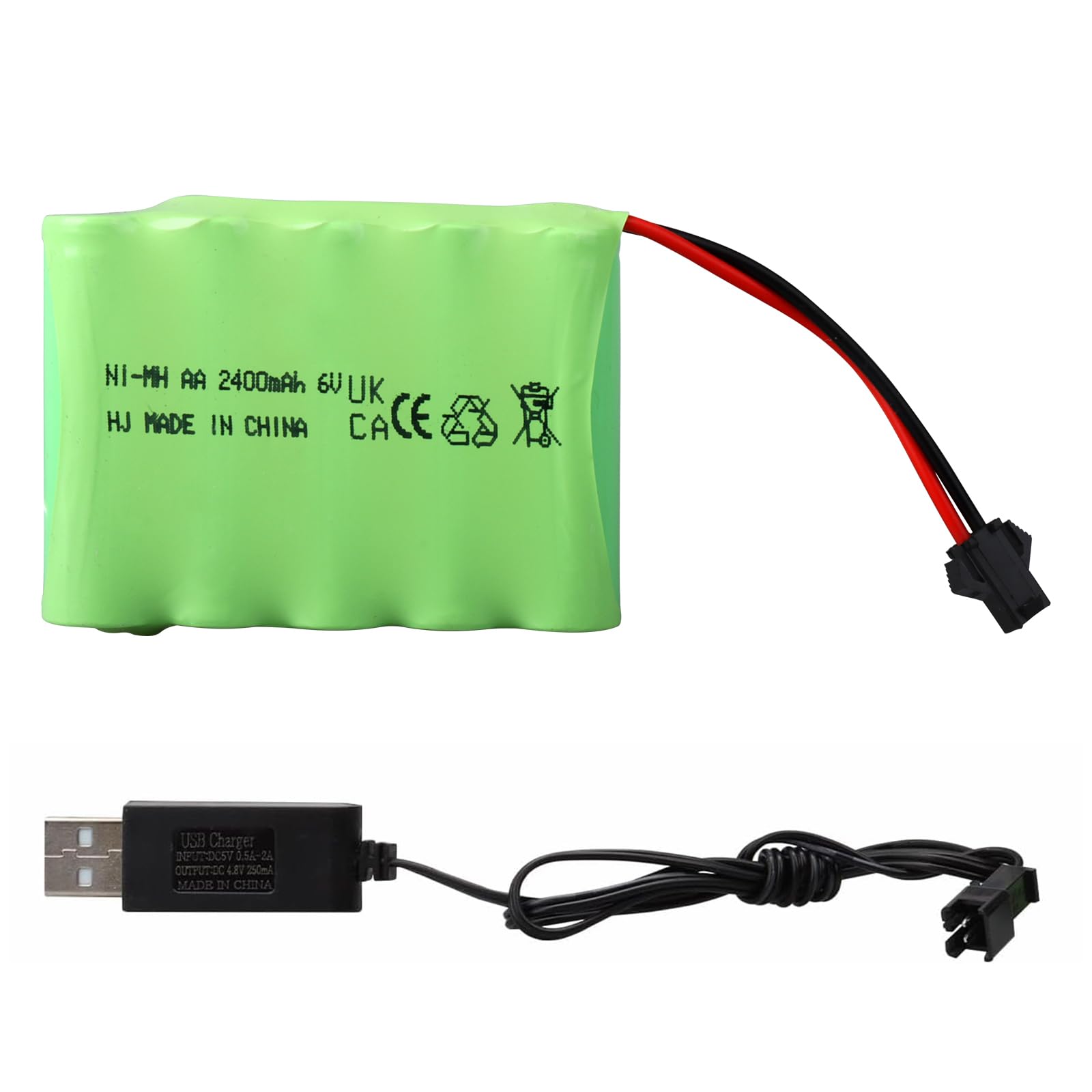 6V 2400mAh NiMH Batterie, Prise SM-2P Rechargeable avec Câble de Chargement USB, Compatible avec Les Voitures Jouets Télécommandées/RC, Les Buggys, Les Bateaux, Les Avions et Les Pistolets Airsoft