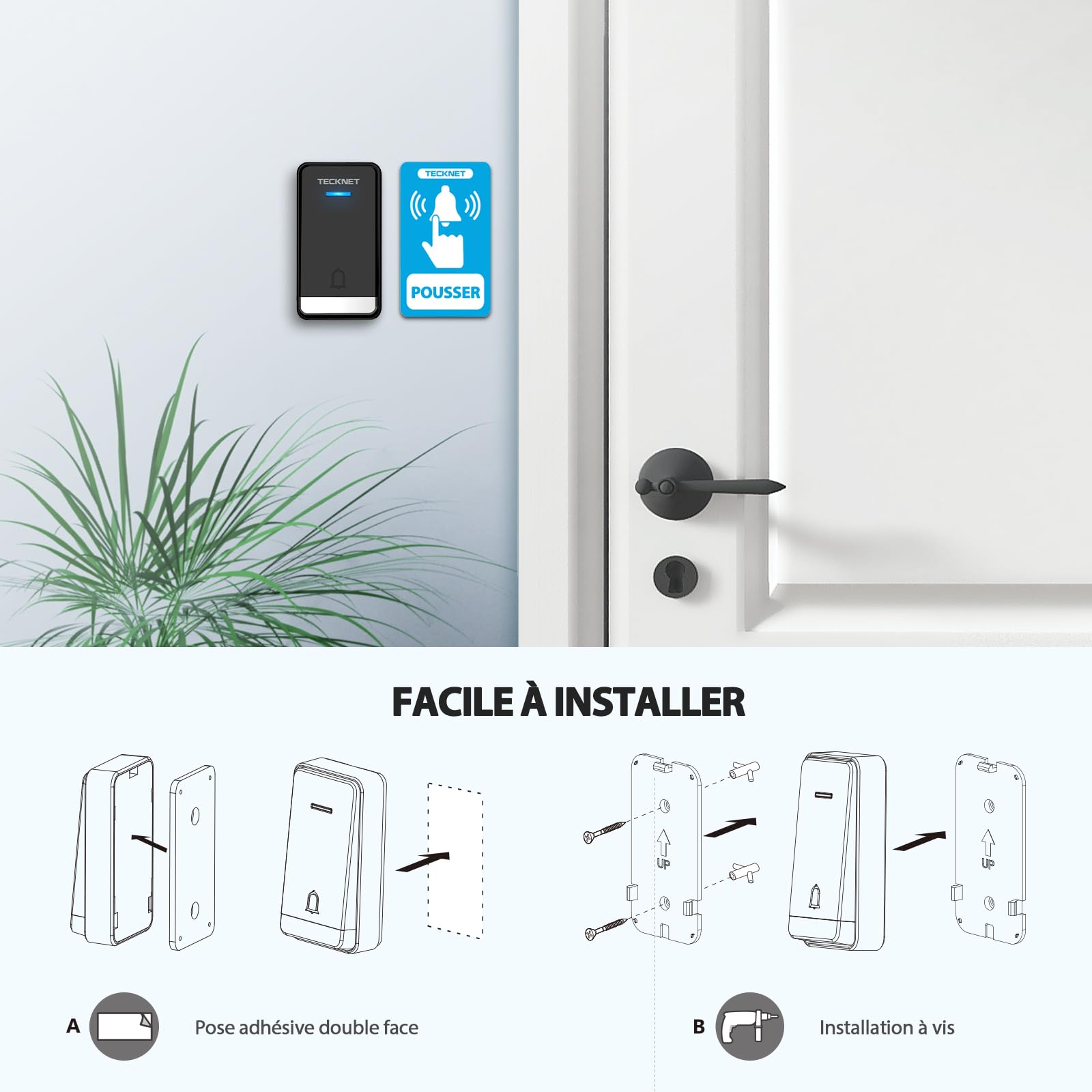 TECKNET Sonnette sans Fil 400M Sonnette Étanche IP65, Kit de 1 Carillon et 2 Récepteur Enfichables avec Fonction de Charge et lumière LED, 60 Mélodies 5 Niveaux Volumes, pour Maison, Bureau - Noir