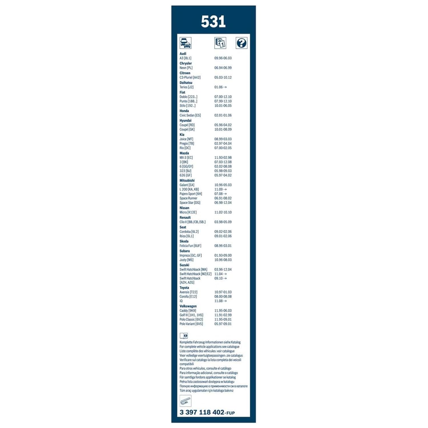 Bosch Twin 531 - Jeu de 2 Balais d'essuie-glaces de Remplacement Avant - Livrés avec Adaptateur Quick-Clip Pré-Assemblé - 530mm / 450mm