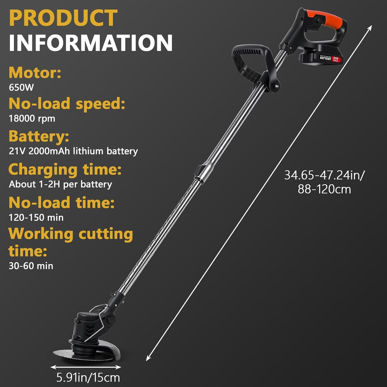 Désherbeur électrique 21 V, 650 W 18 000 tr/min sans fil avec 2 batteries de 2000 mAh et chargeur, débroussailleuse/tondeuse 3 en 1 avec 3 types de lame pour jardin, cour, pelouse (noir) Durabilité