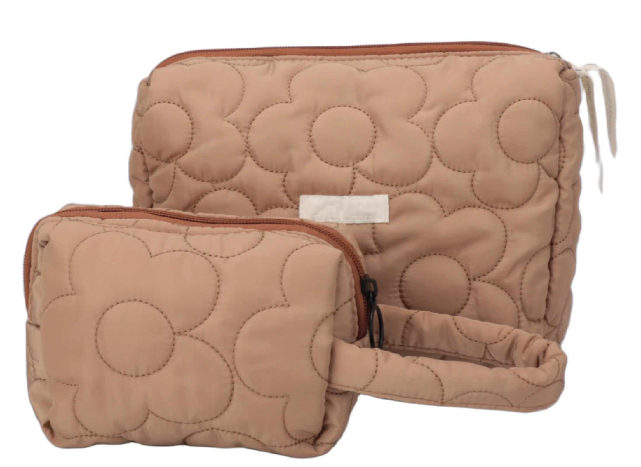 YOOLOVE 2Pcs Makeup Bag Gift for Girls Women, Large Quilted Cosmetic Bags, Cute Puffer Travel Toiletry Pouch Purse for Brush Organizer(Tan-2pcs)