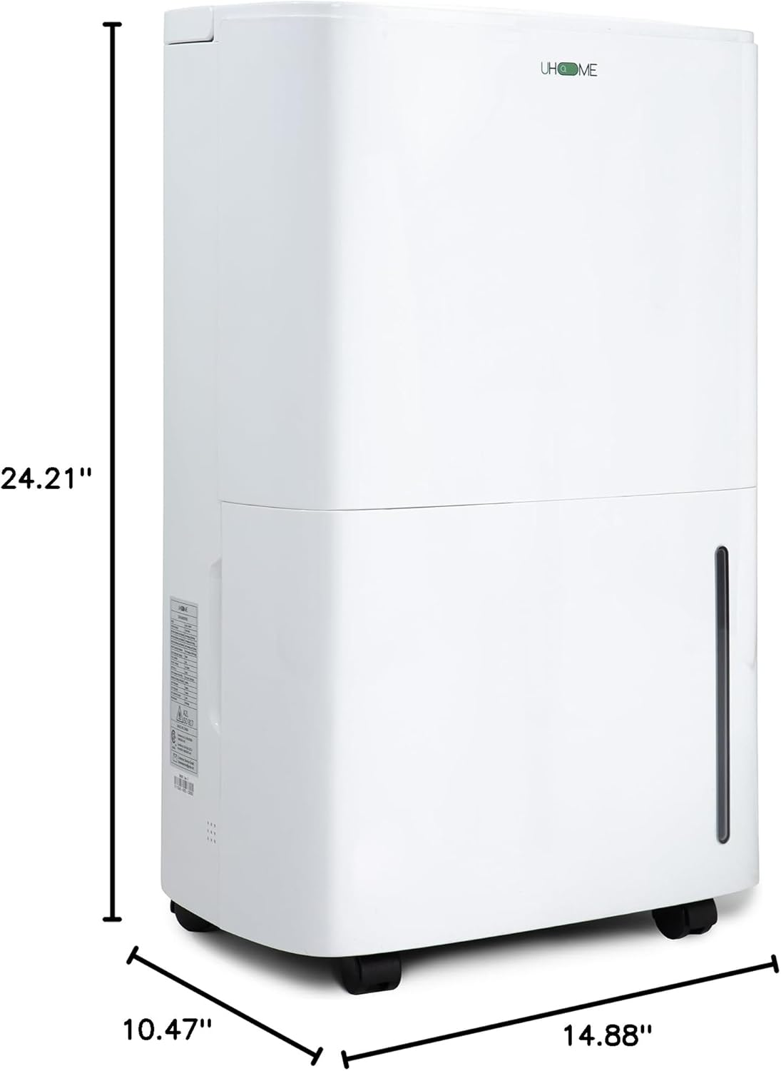 Uhome Dehumidifier dimensions: 24.21 inches height, 14.88 inches width, 10.47 inches depth