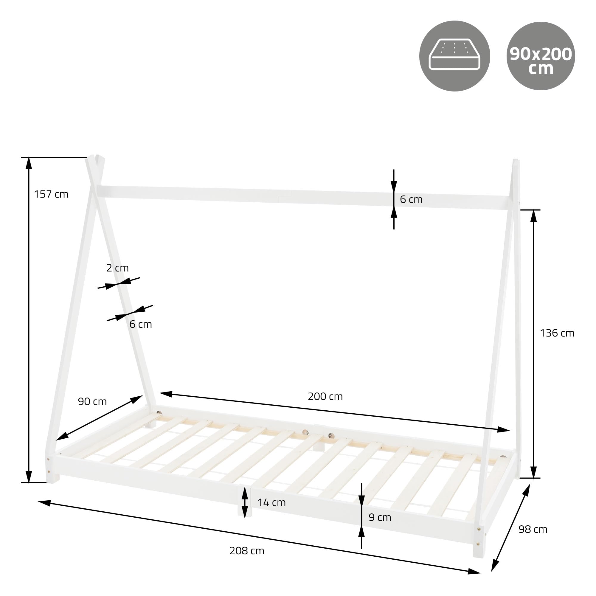 ML-Design Lettino per Bambini a Forma di Tenda Indiana con Rete a Doghe 90 x 200 cm Letto Tipi da Gioco in Legno di Pino Massiccio Bianco Stile Montessori con Materasso Sfoderabile in Schiuma Fredda