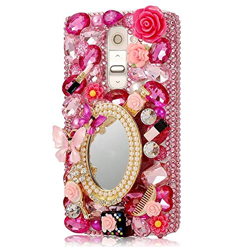 LG K10 Case, Sense-TE Luxurious Crystal 3D Handmade Sparkle Diamond Rhinestone Clear Cover with Retro Bowknot Anti Dust Plug - Girls Cosmetic Mirror Flowers / Red