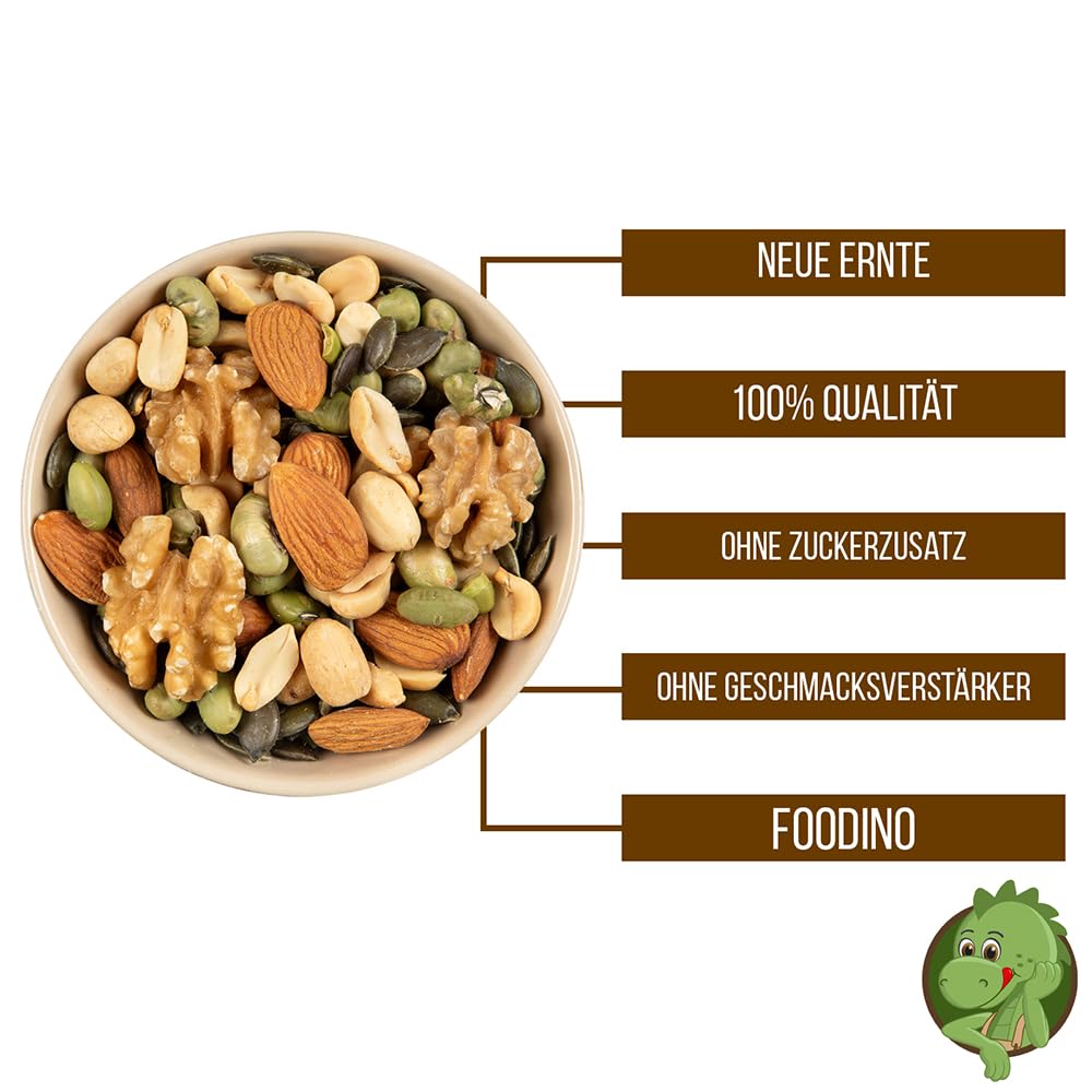 Protein Nussmischung 1kg - High Protein Nuss Mix - aus 5 Sorten Nüssen, Bohnen und Kernen - Mandeln, Walnuss, Erdnuss, Kürbiskerne, Edamame - Proteinreicher Fitness Snack - Foodino (1kg-5kg) (5 kg)
