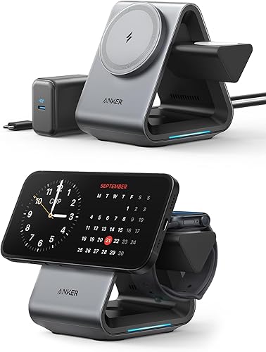 Anker Soporte de cargador MagMagSafe, cargador MagGo 737, soporte de carga 3 en 1 con certificación MFi de 15 W de carga rápida, iPhone 15/14/13/12,