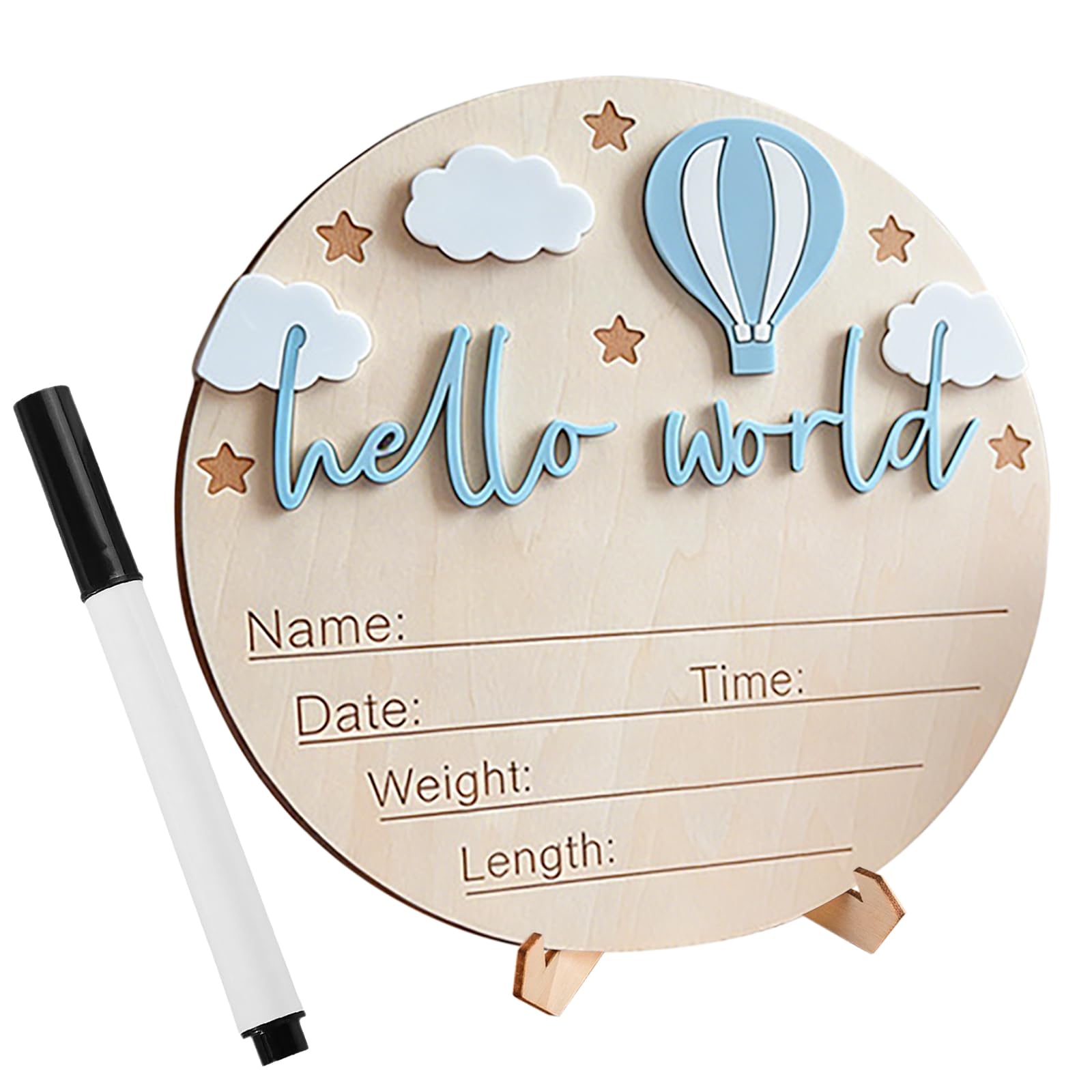 Hello World Baby Announcement Sign with Stand & Marker Pen - 15cm Blue Wooden Round Plaque for Newborn Birth Details, Nursery Decor, Photo Prop, Personalised Baby Welcome Sign, Newborn Gift