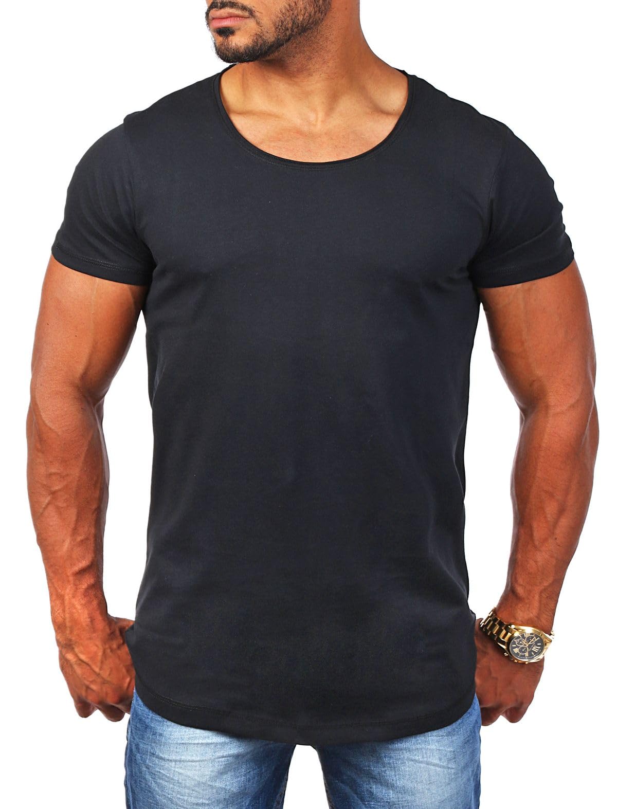 Young & Rich Herren Uni T-Shirt mit tiefem Rundhals Ausschnitt einfarbig körperbetontes Basic Tee Vintage Look 1702