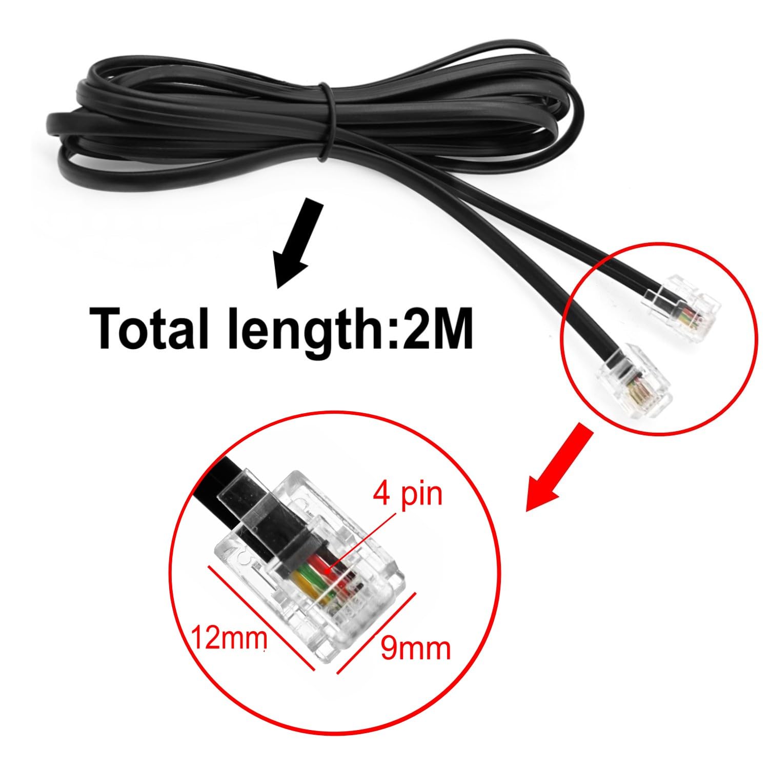 JZK 2M Noir Câble haut débit RJ11, rallonge téléphonique, câble Internet DSL, câble ADSL, pour routeur, téléphone fixe, télécopieur, modem