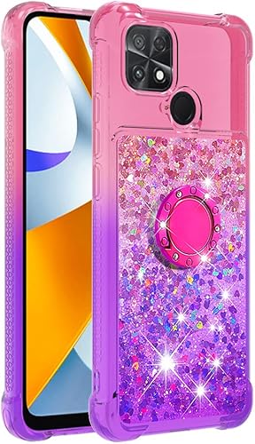 Miniatura 3 de ONV Funda de silicona para Xiao mi Poco C40  con anillo de metal Funda de teléfono brillante con soporte de arena de flujo parachoques anticaída