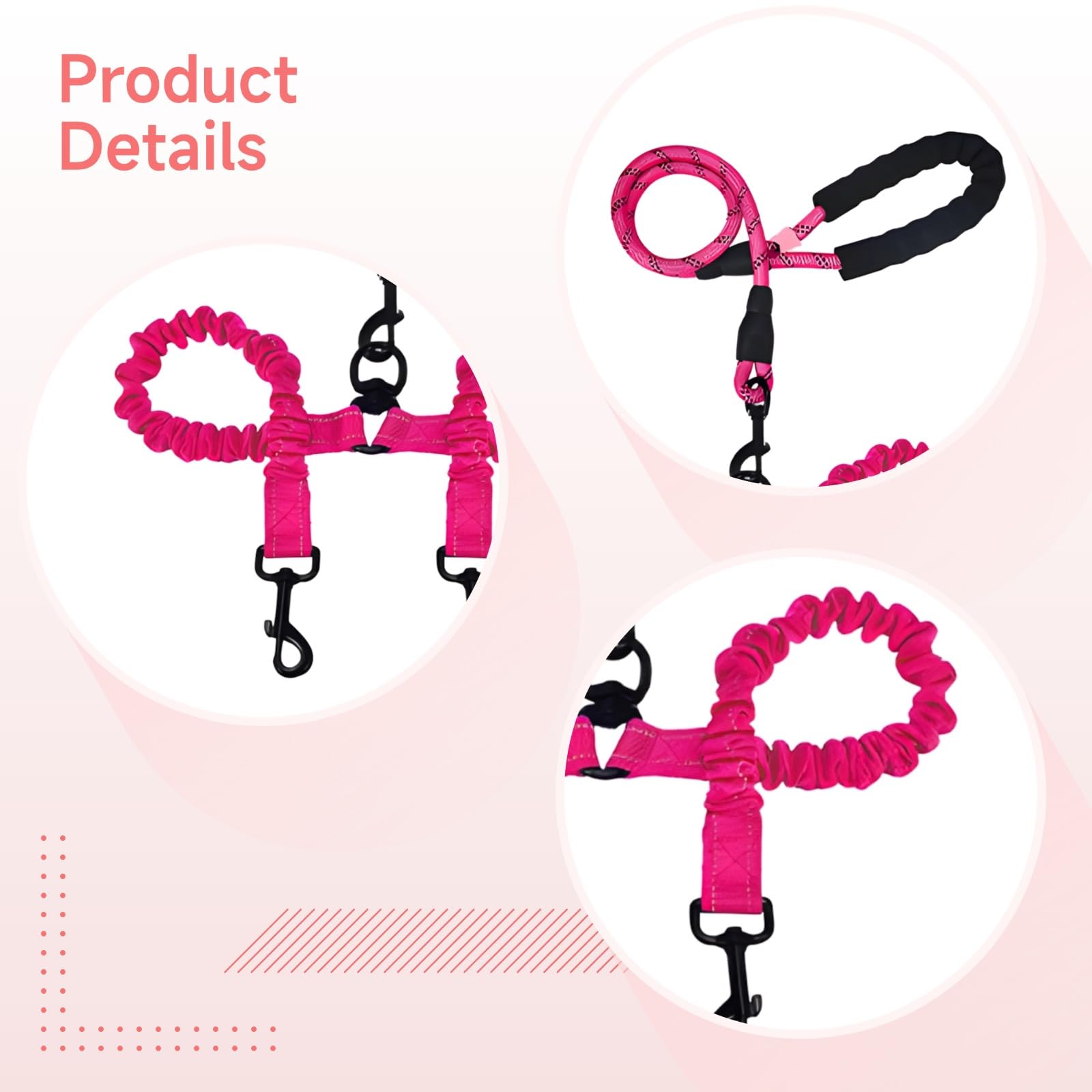 Laisse Double pour Chien Rose, coupleur sans nœuds, Laisse Double Robuste pour Deux Chiens, Nylon réfléchissant avec mousquetons métalliques, contrôle sûr pour Grandes Races, 90 x 85 x 85 cm