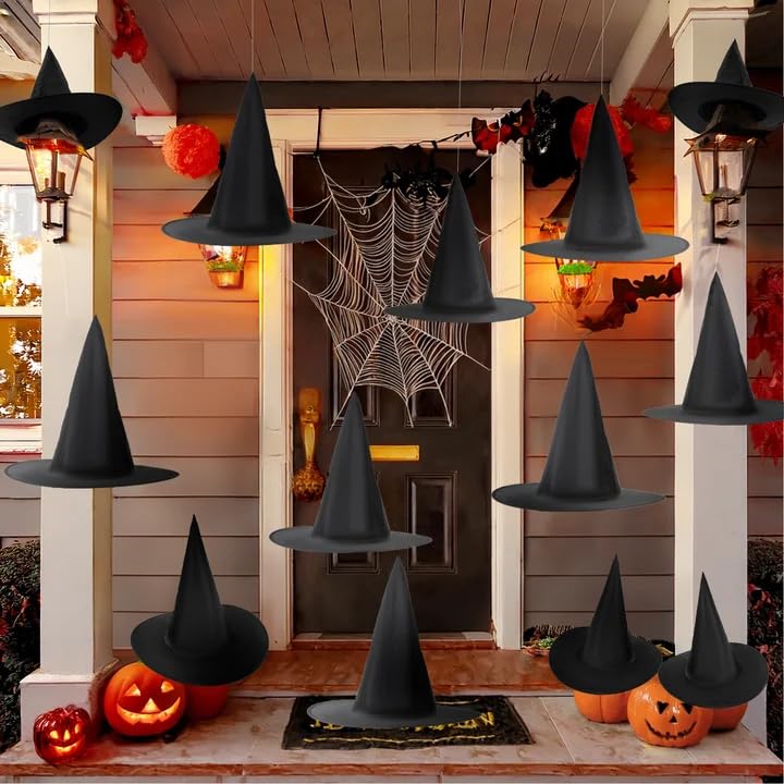 RAINFLOW Halloween Floating Witch Hats - Hanging Witches Hats Black Witch Hat Hanging Decor Black Wizard Hat Bulk for Women with 108 FT Cord Halloween Decorations Accessories for Indoor Outdoor 6PCS