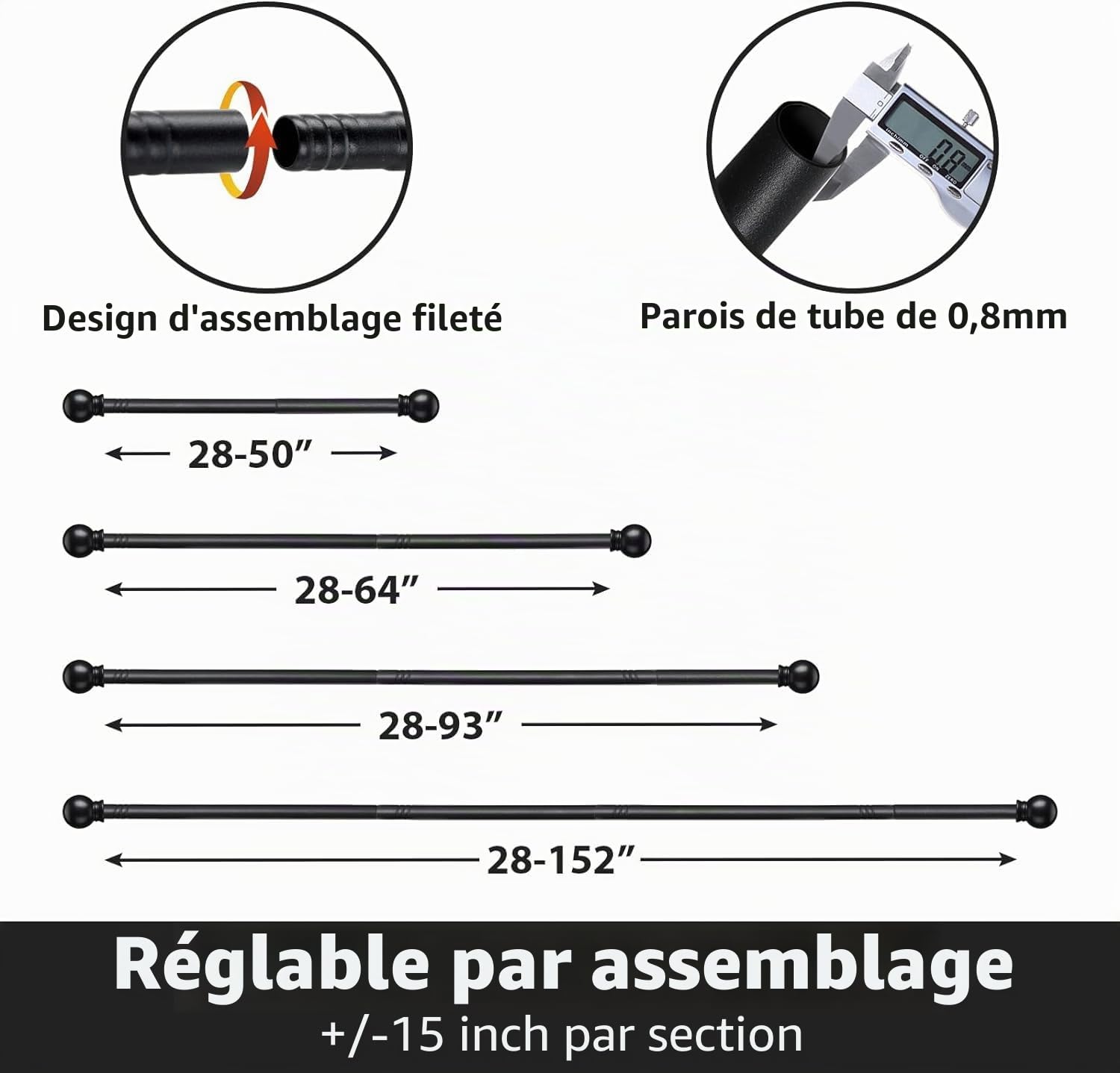 Tringle à rideaux 70-210 cm Noir Mat 16 mm, Tringle à rideaux extensible avec supports, Ensemble de tringles à rideaux stables pour chambre, salon, cuisine