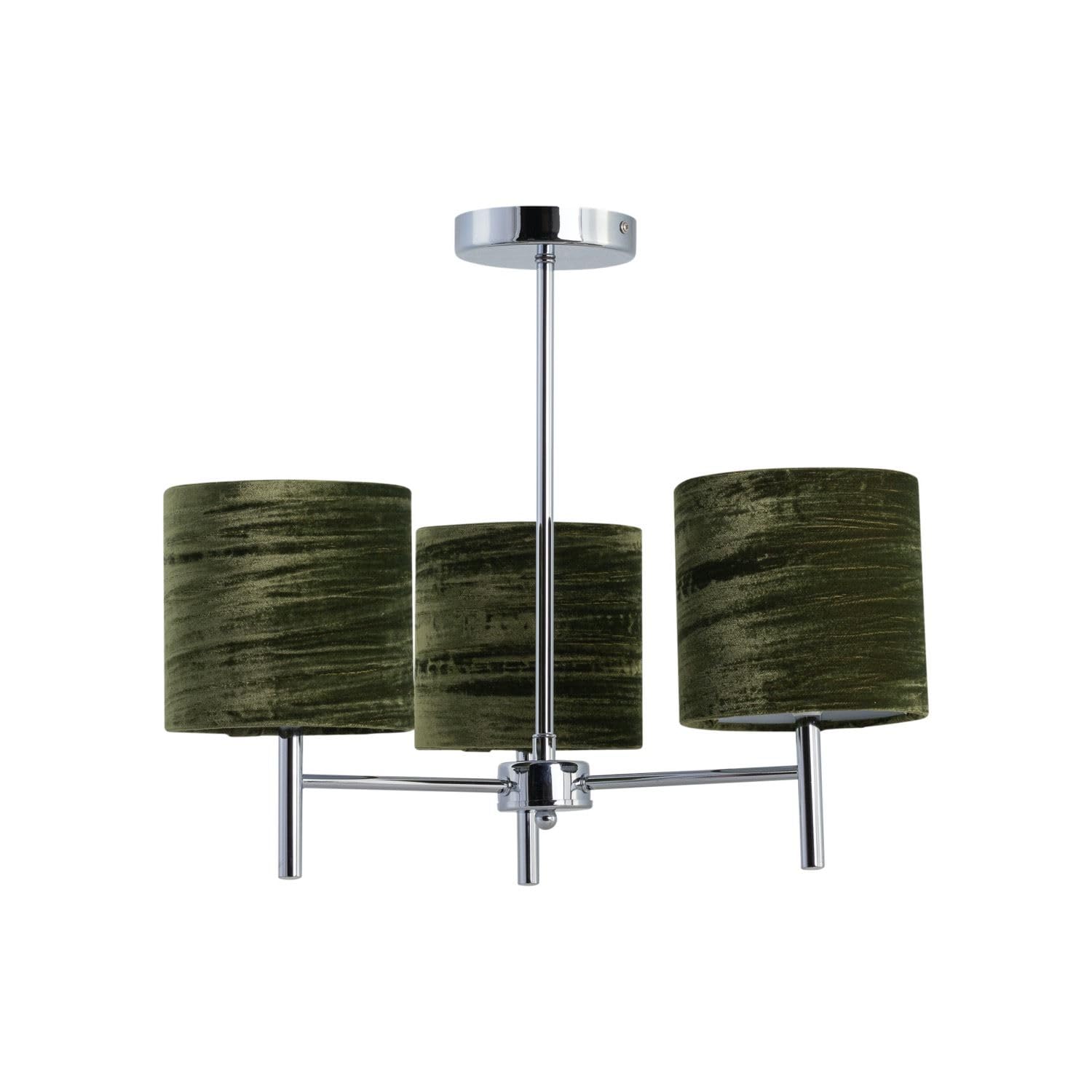Firstchoicelighting Chrome & Dark Green Brea Chrome Ceiling Light Fitting With Green Crushed Velvet Shades, Led Compatible, Modern Semi Flush Design