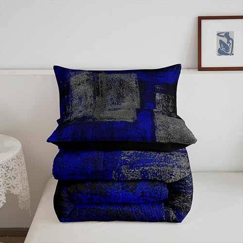 Miniatura 6 de Juego de ropa de cama abstracta Grunge tamaño matrimonial para adolescentes y niños, color azul oscuro, negro y gris, juego de edredón de acuarela