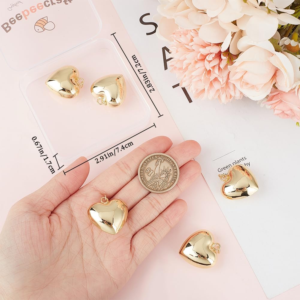 Beebeecraft 1 Box 5Pcs 18K Gold Plated Brass Heart Charms 3D Heart Dangle Pendant Charms with Jump Ring for Valentine's Gifts Jewelry Making Finding 1 Inch