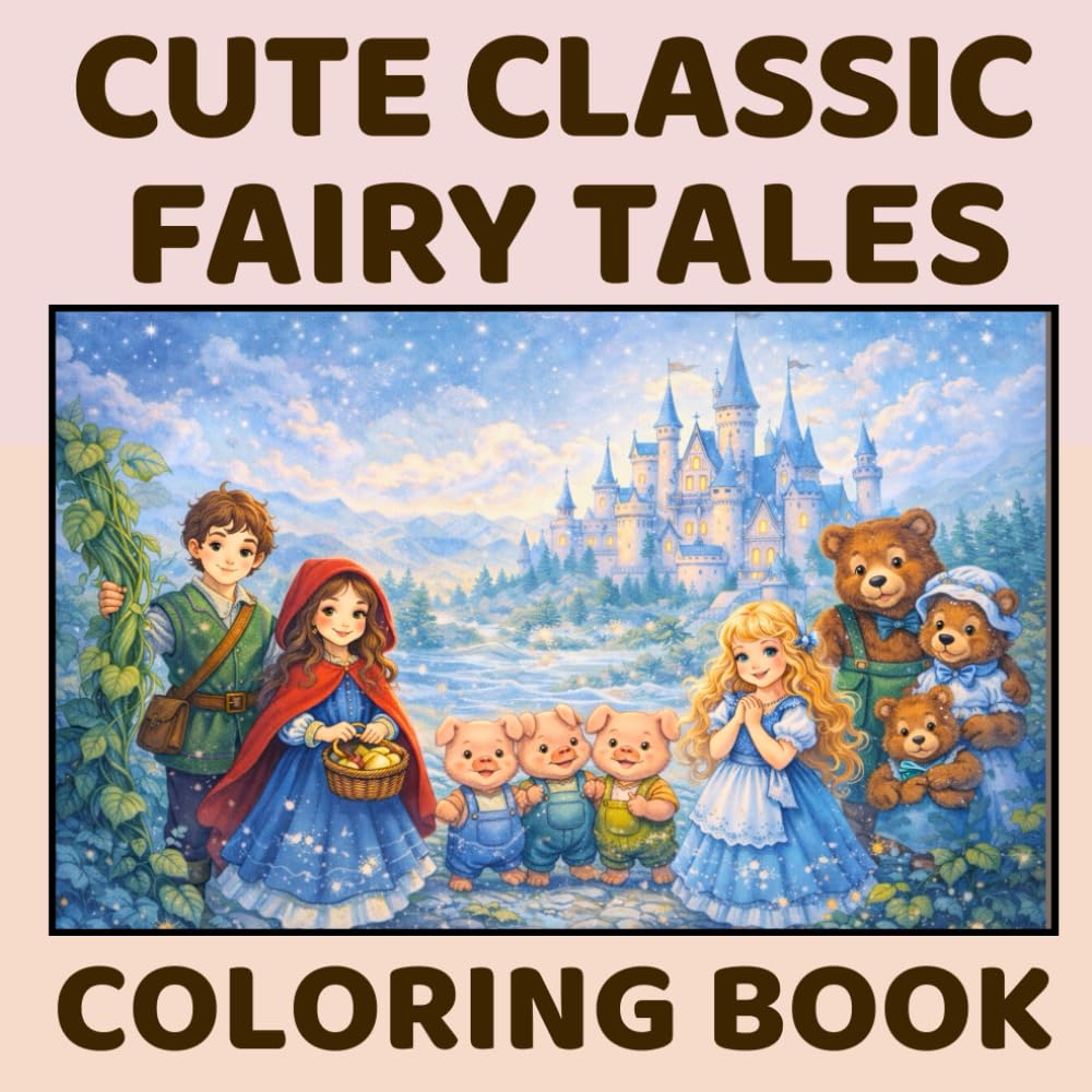Cute Classic Fairy Tales Coloring Book: With Hygge Cozy Style Fairy Tale Illustrations Featuring Scenes from English, French and German Fairytales and Folklore to Color in.