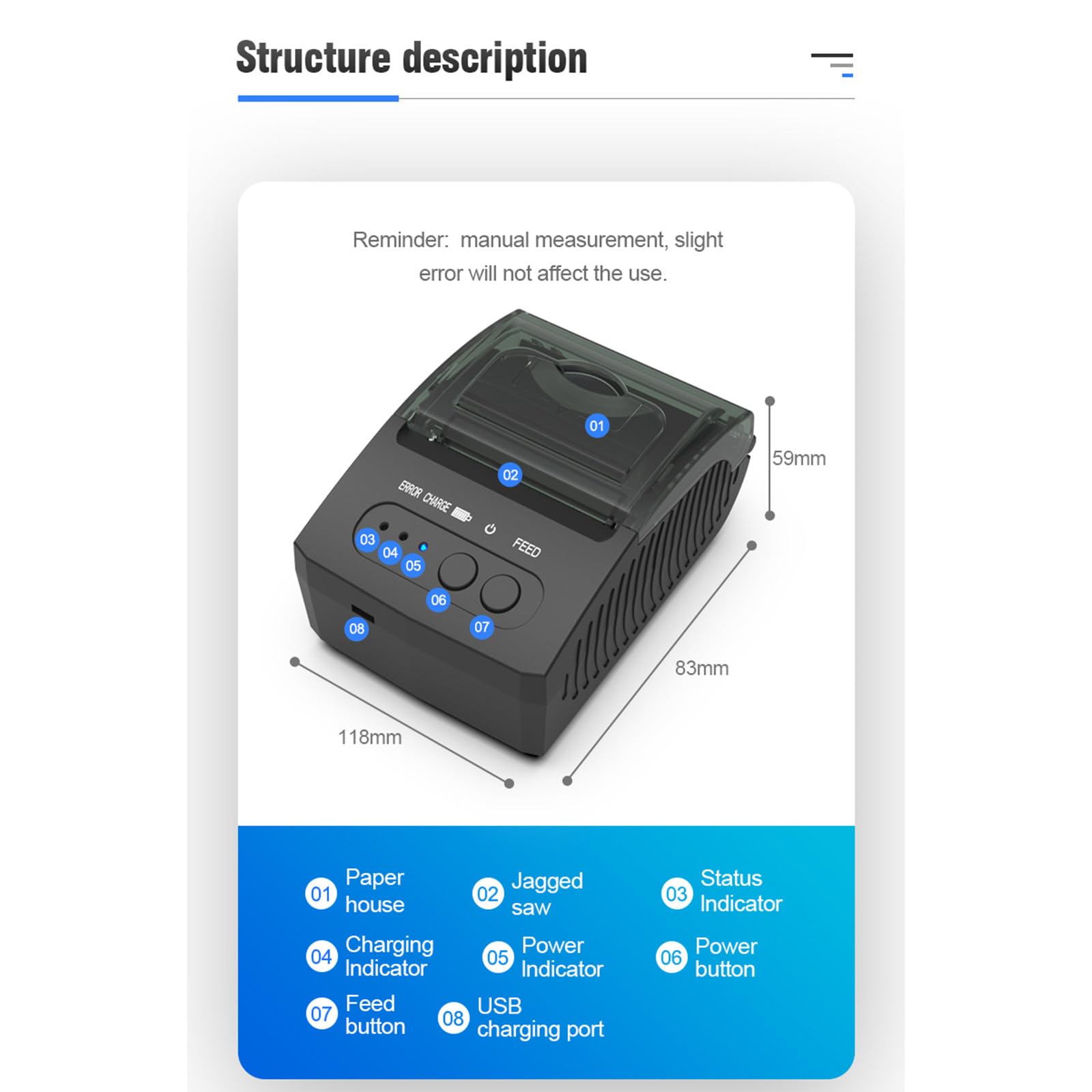 Termiczna drukarka pokwitowań Mini USB + Bluetooth, przenośna drukarka pokwitowań o rozdzielczości HD 58 mm, kompatybilna z telefonem z systemem Android/iOS, czarna