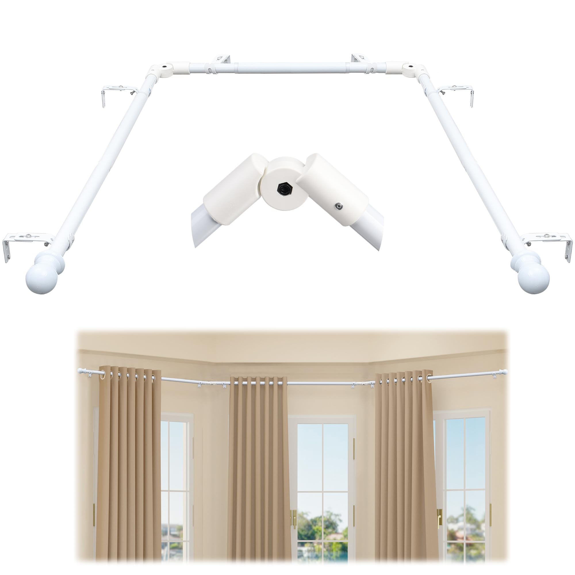 Bay Window Curtain Rods White, U-shaped Curved Adjustable Curtain Rods for Windows 59 to 184 Inches, 1 Inch Renter Friendly Heavy Duty Curtain Rods for Bedroom, Living Room Curtains