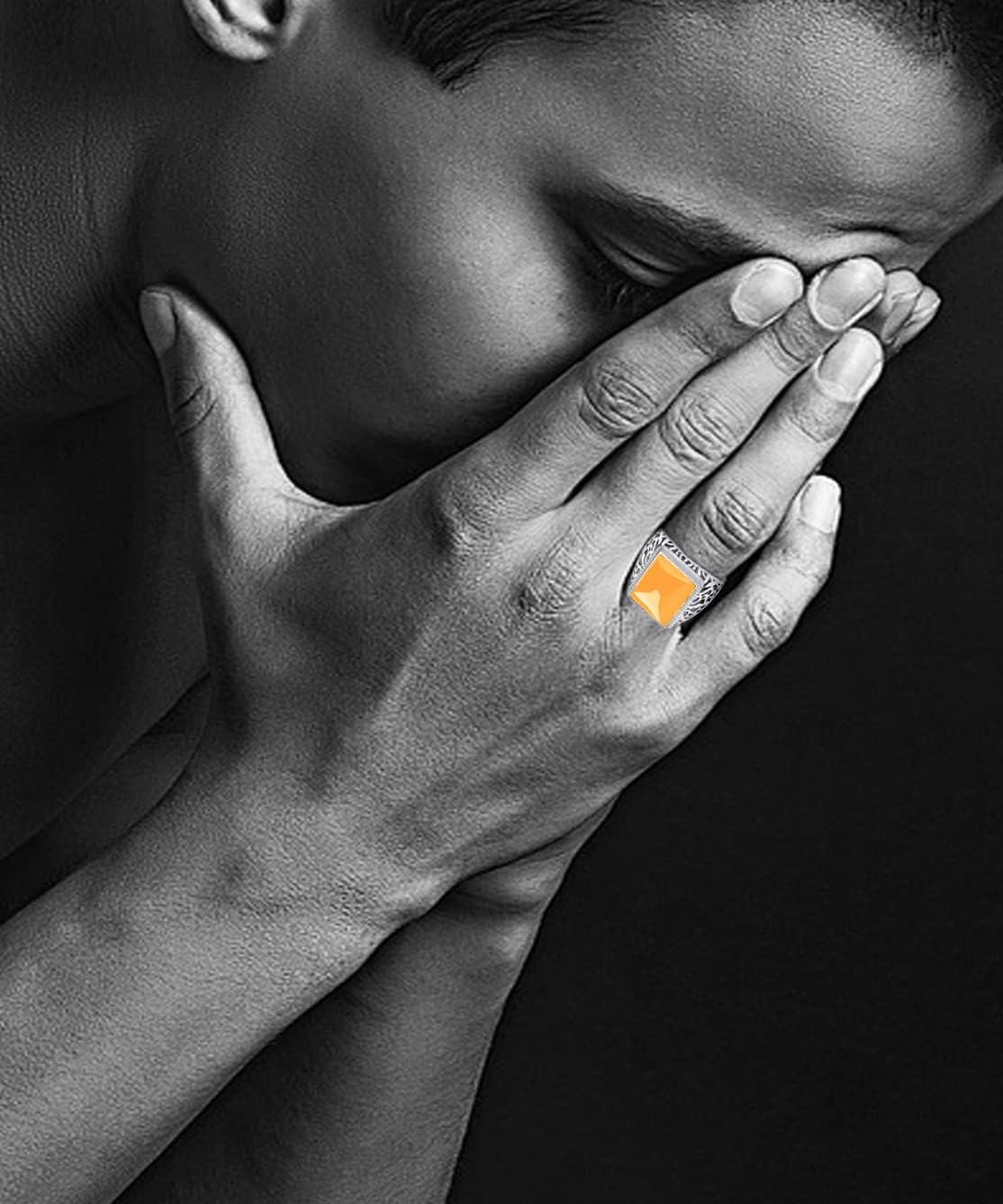 HAIXIAN Hollow out design Mens S925 Sterling Silver Ring with Natural Square Agate Stone,Adjustable Handmade Mens Turkish Ring Jewelry - Image 4