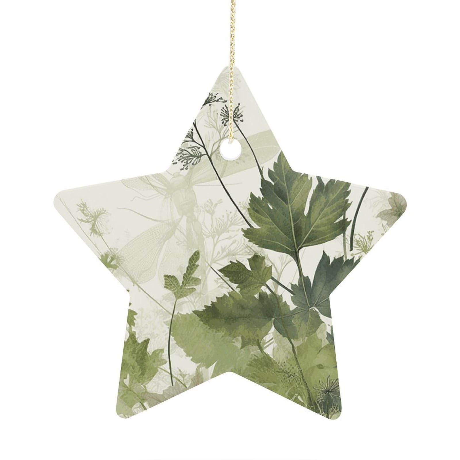 Foliage and Herbs with Dragonflies Winged Stars Ornaments Ceramic Christmas Tree Hanging Light in Weight Christmas Star Pendants Funny Double-Sided Printed Xmas Ornaments for Gifts