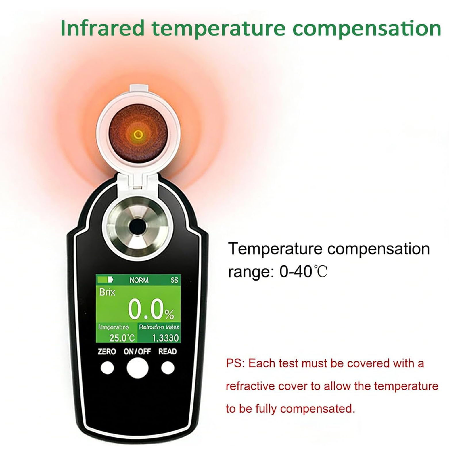 Probador digital de refractómetro para frutas, bebidas, caramelos. Mide el contenido de azúcar del 0 al 58 % con compensación de temperatura infrarroja, 10 mediciones consecutivas
