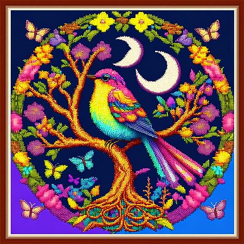 Image of Dimensean Stamped Cross Stitch Kits Full Range of Embroidery Patterns Starter Kits for Beginners Adult DIY Cross Stitches Needlepoint Kits 11CT-Bird Flower 17.7x17.7 inch