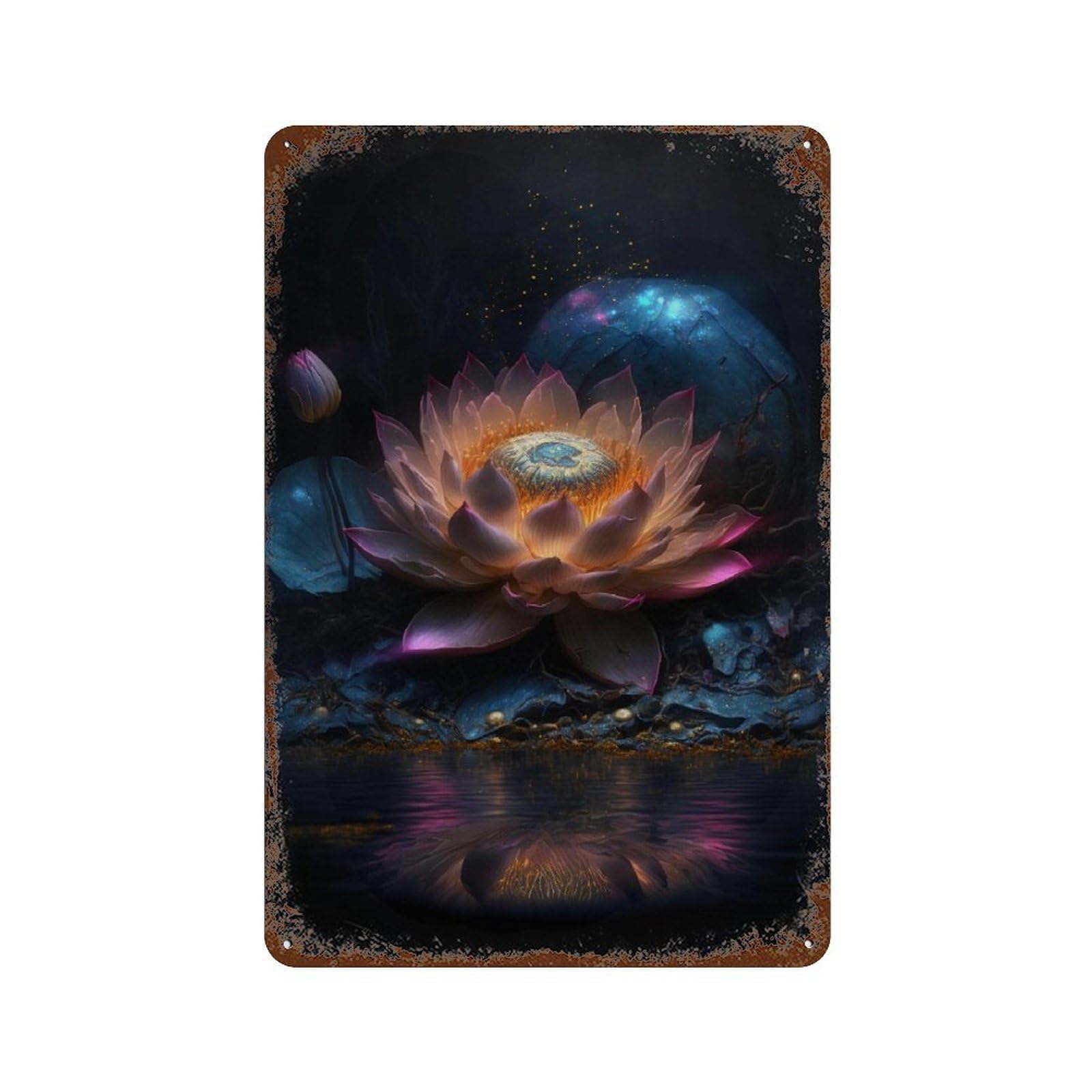 Weathered Tin Sign with Enchanted Lotus Pond Reflection Design 11.8"x7.9", for Office, Studio And Wall Decor, Retro Wall Decor