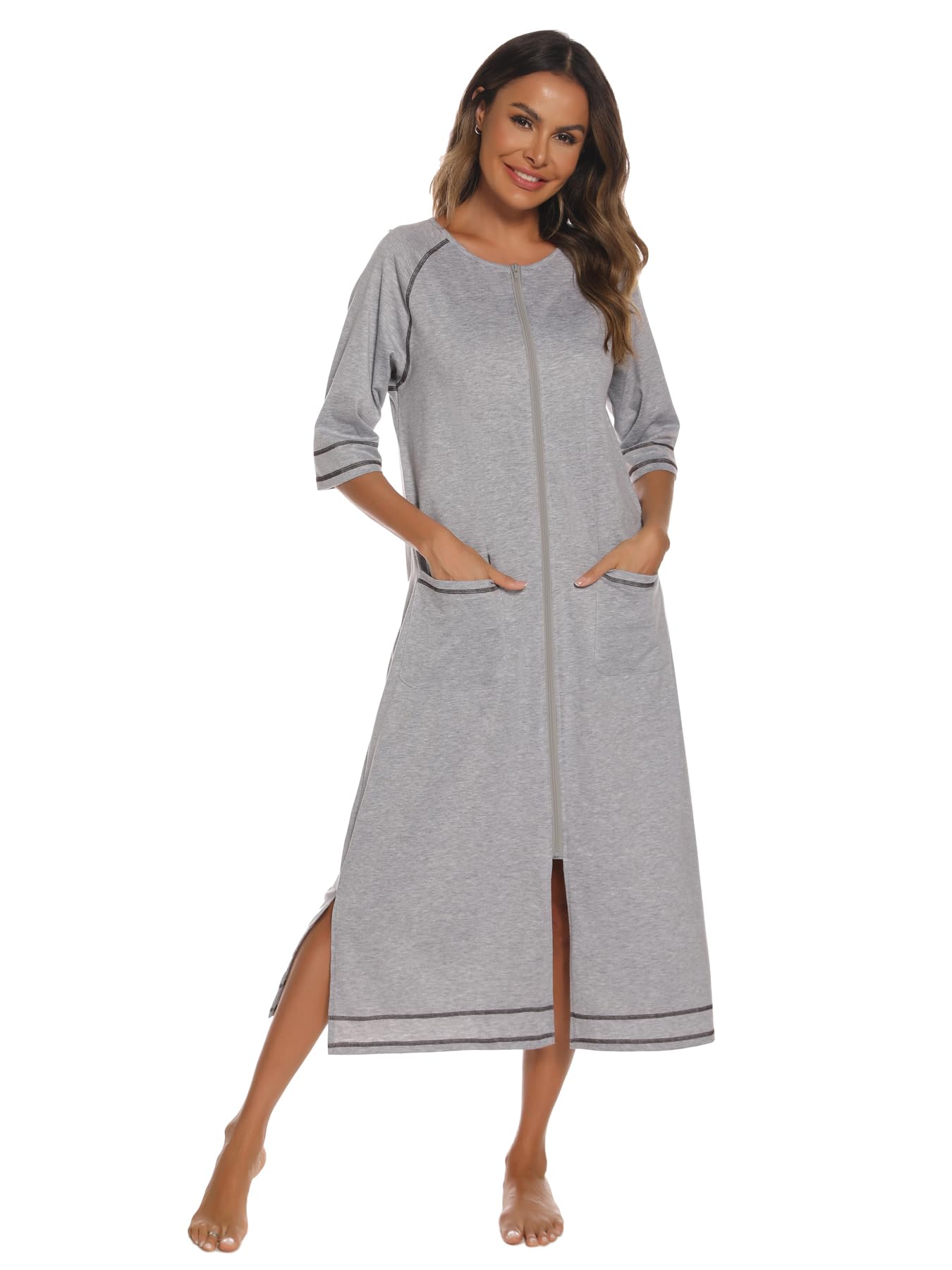 Citridarll Women Zip Front Nightgown Robe 3/4 Sleeves Housecoat Full Length Sleepwear Soft Loungewear Robe with Pockets, Light Grey, Large
