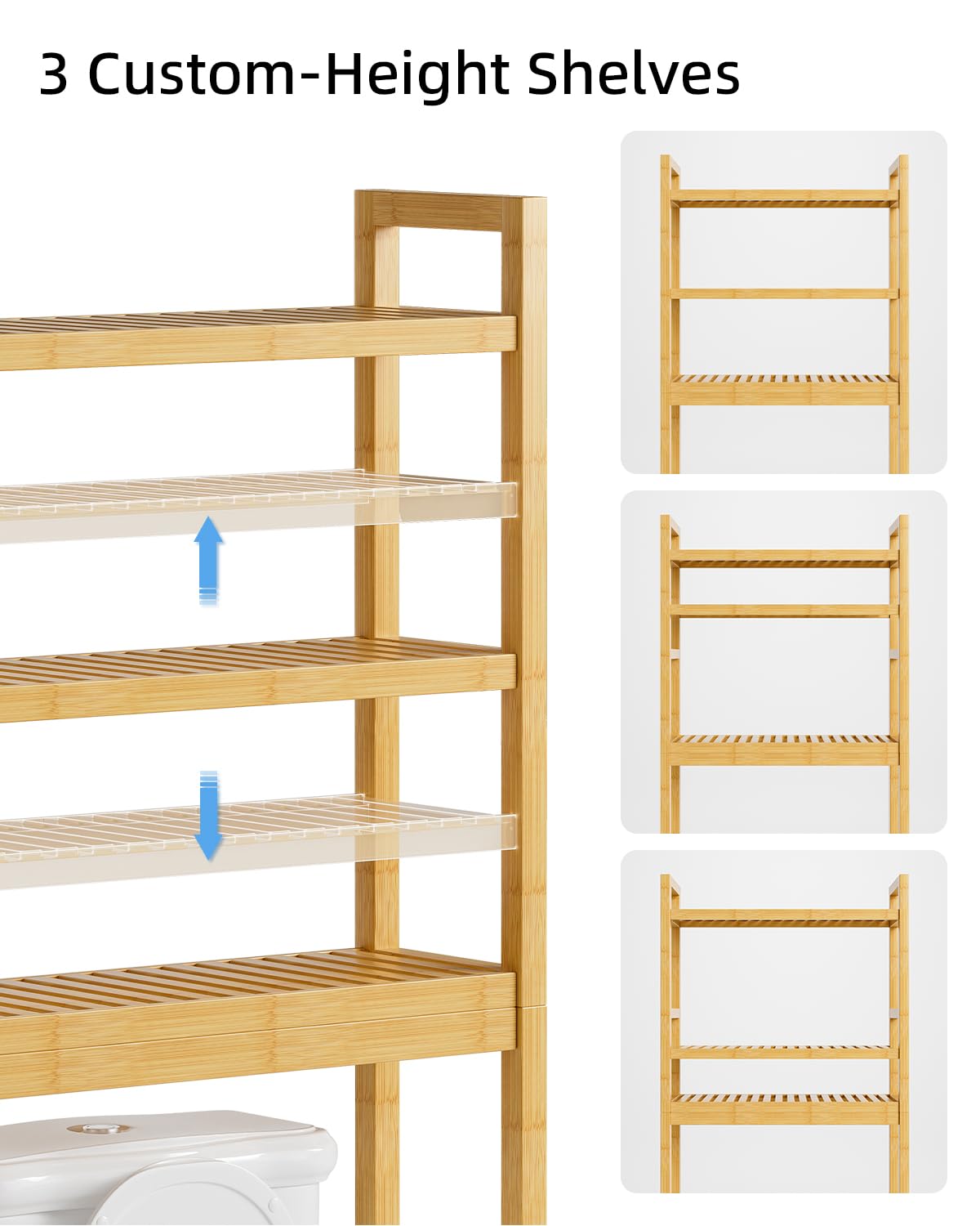 SMIBUY Salle de Bains étagère de Rangement, Bamboo Over-The-Toilet Organisateur Rack, Toilettes autoportant Space Saver avec 3 Niveaux clayettes (Naturel)