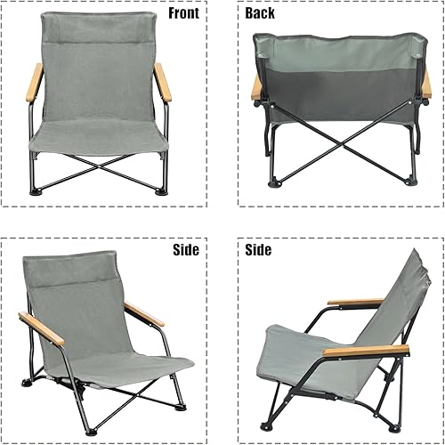 Miniatura 4 de LAKIDAY Silla de playa, silla plegable ligera con pasamanos de madera, para acampar y actividades al aire libre, silla portátil que soporta hasta