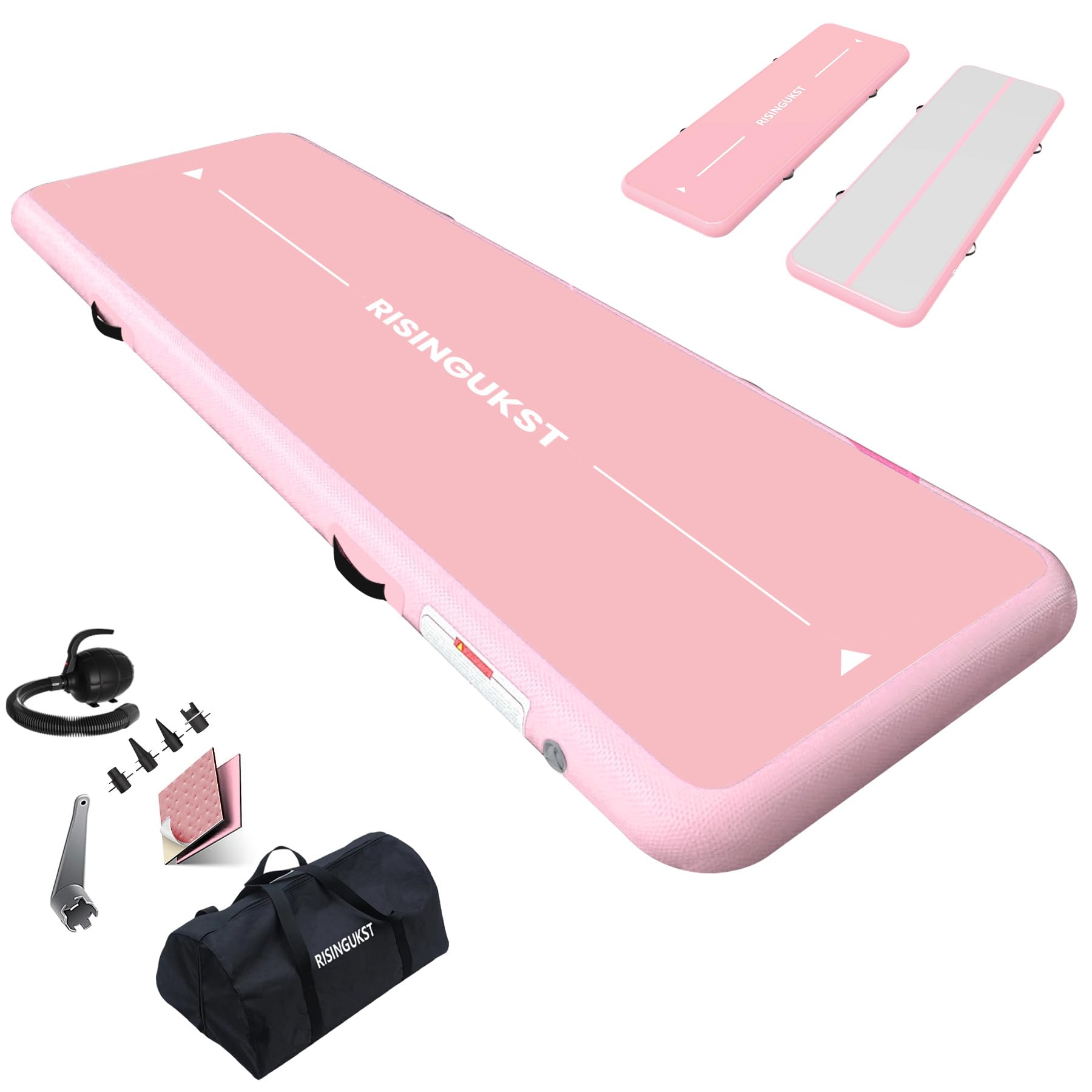 RISINGUKST Air Tumbling Track Gymnastics Mat, 16ft Gym Inflatable Tumble Mats 8 Inch Thickness, Training Mat for Home Kids Gymnastics Yoga Skill Exercise, White and Pink