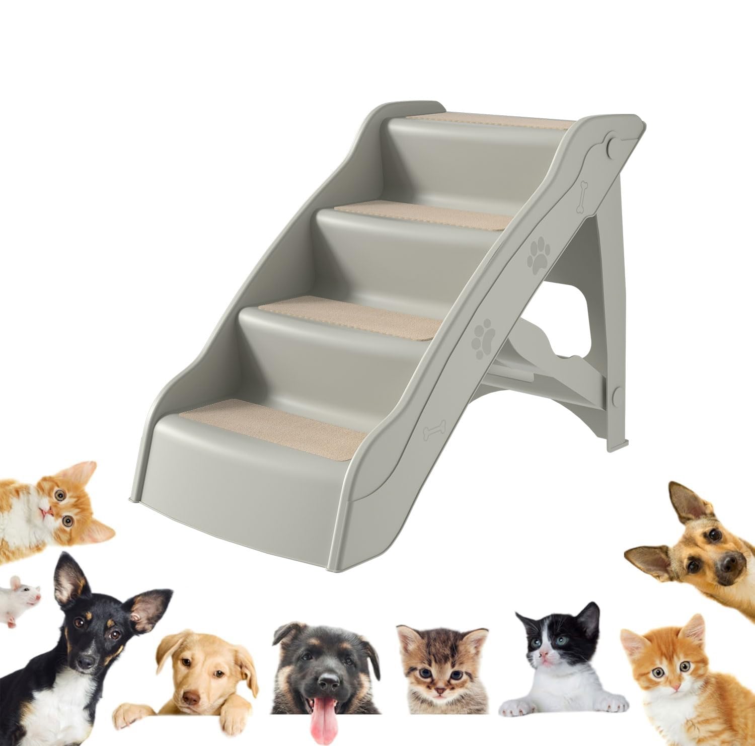 UISEBRT Escalera plegable para perros, 4 peldaños, para mascotas, con alfombrilla antideslizante y barra de apoyo para mascotas de hasta 75 kg, color gris