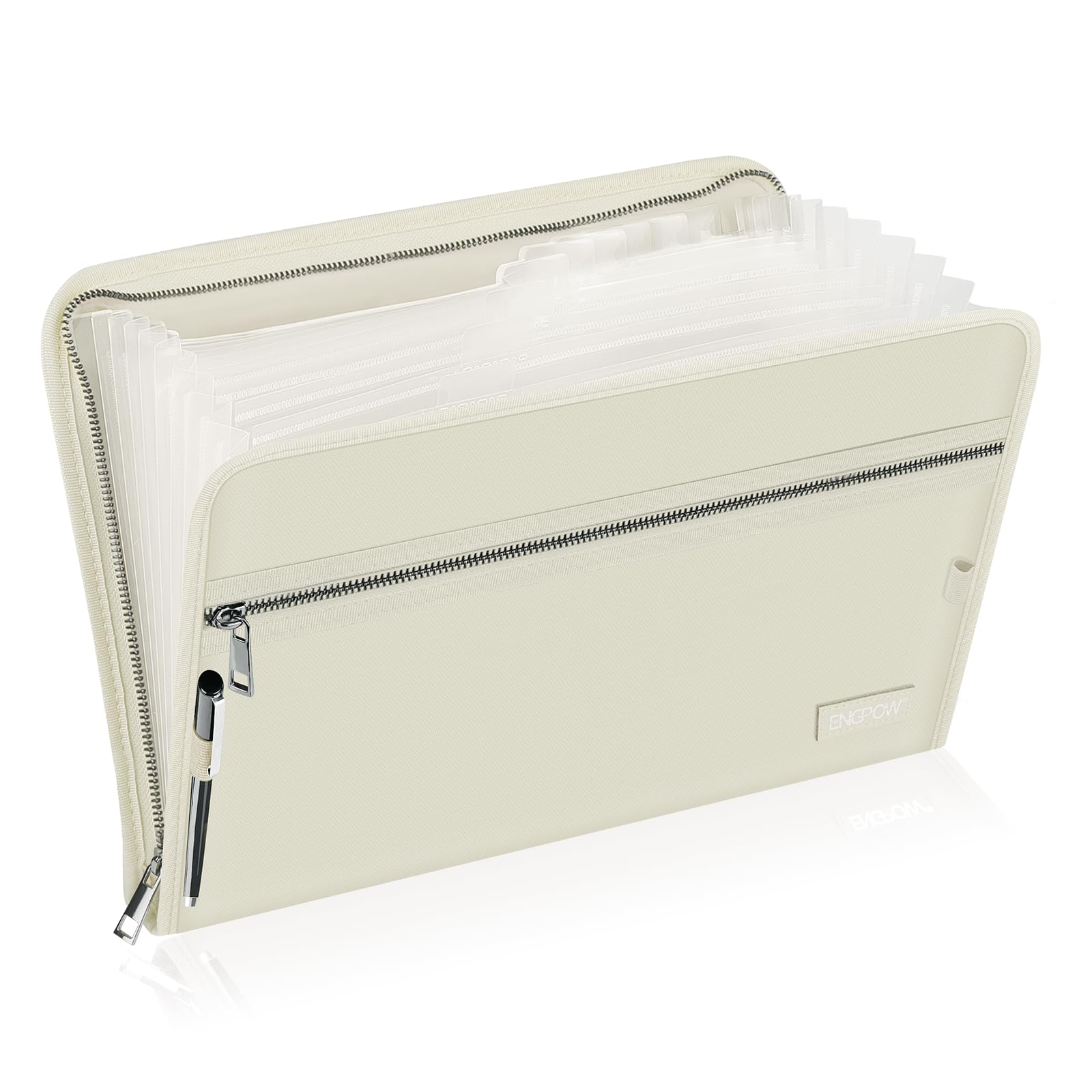 13 Pocket Expanding File Folder,ENGPOW Fireproof Accordion File Folder Document Organizer with Zipper Closure,Portable Filing Organizer Safe with Colorful Tabs for A4/Letter Size Paper,Files,(Beige)