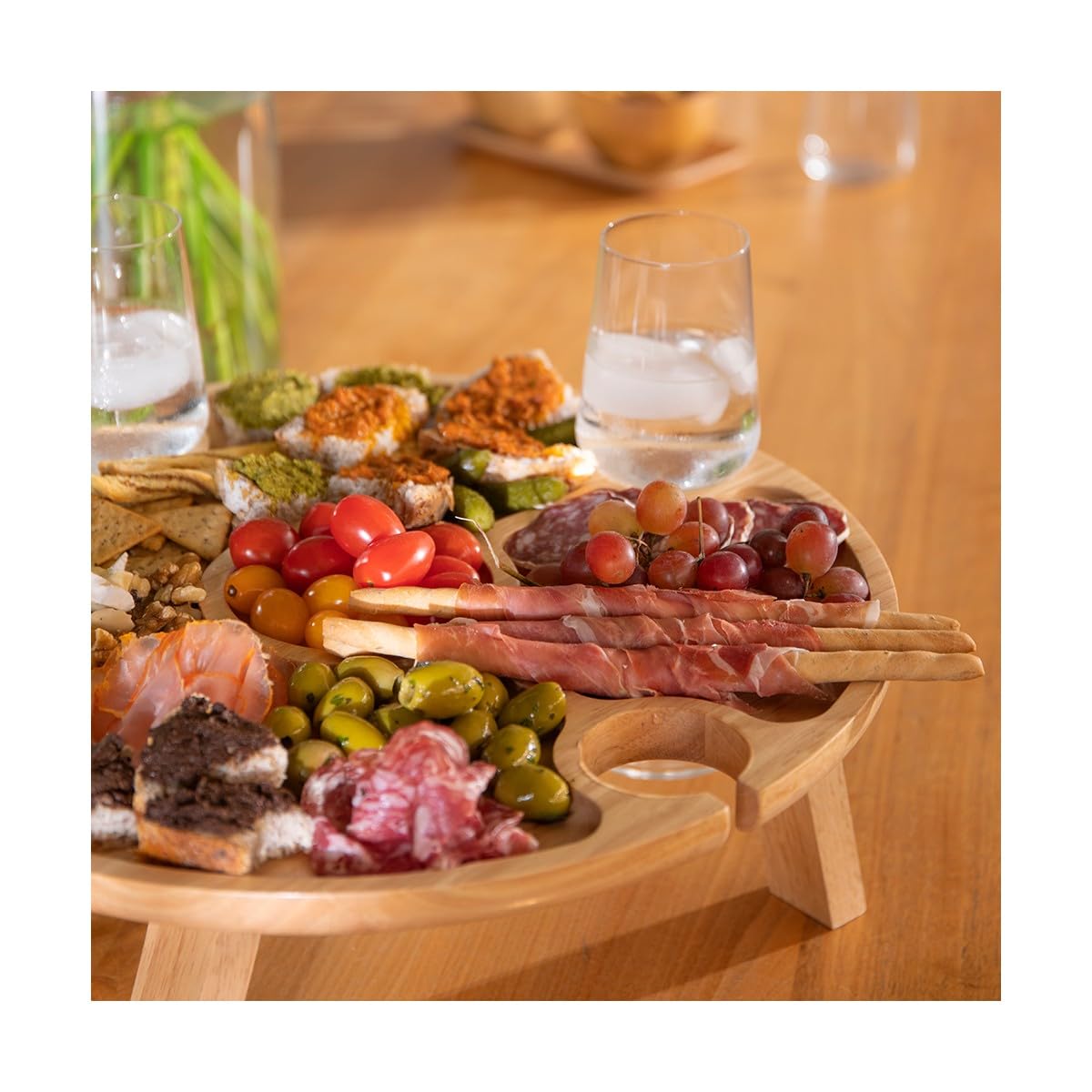 Livoo – Vassoio aperitivo MES150 – Heva, ∅ 35 x 14 cm, 4 tacche per vetro, gambe pieghevoli