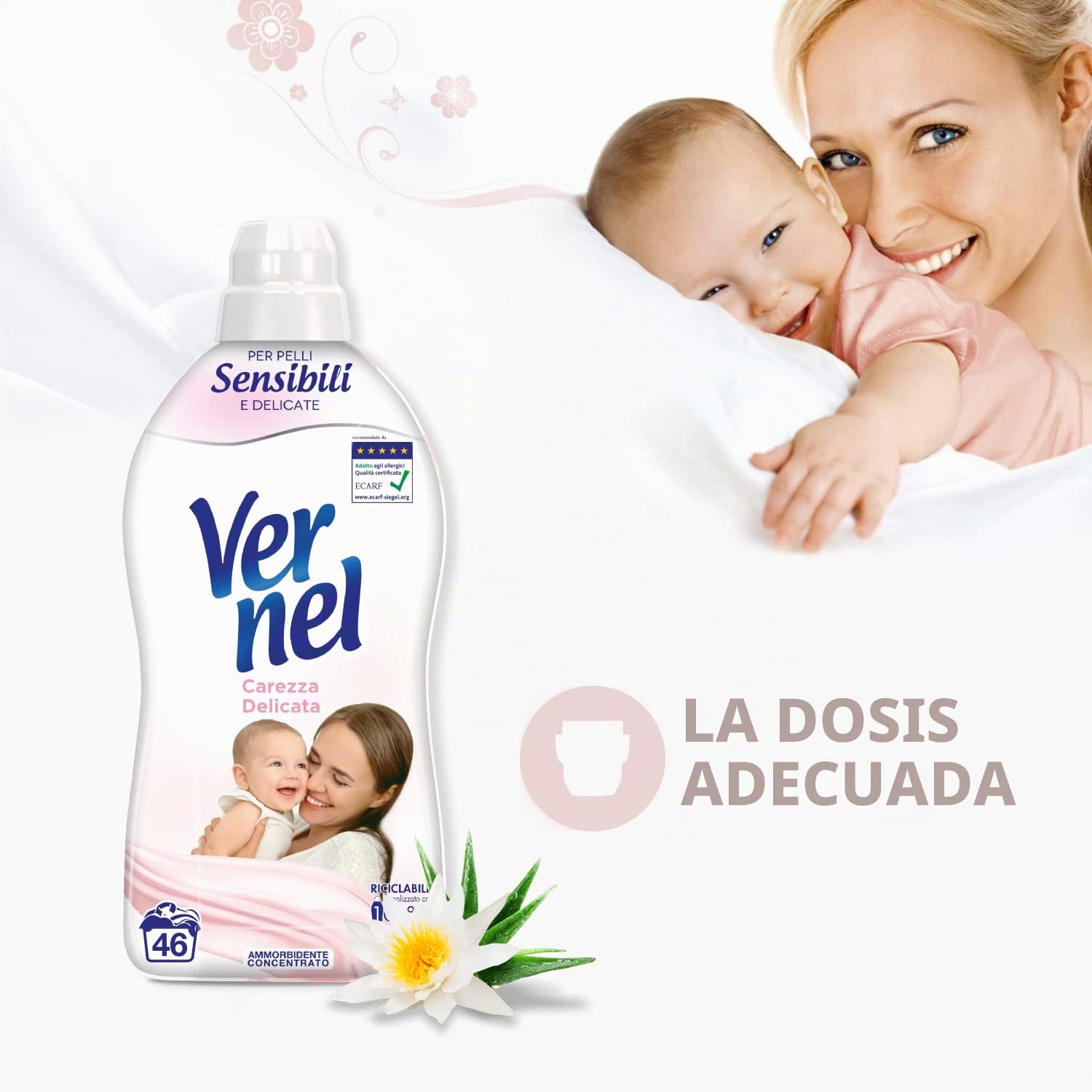 Vernel Carezza Delicata, Suavizante Lavadora Concentrado, Pieles Sensibles y Delicadas, Sin Colorantes, 8 x 46 Lavados, Total 368 lavados