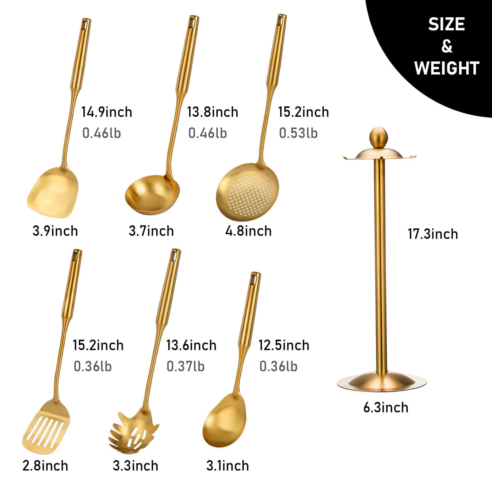Standcn 7-teiliges 304 Edelstahl (18/10) Gold Kochutensilien-Set mit drehbarem Halter inklusive Pfannenwender, Suppenkelle, Skimmer, Schlitzspatel, Spaghettiheber, Reisportionierer