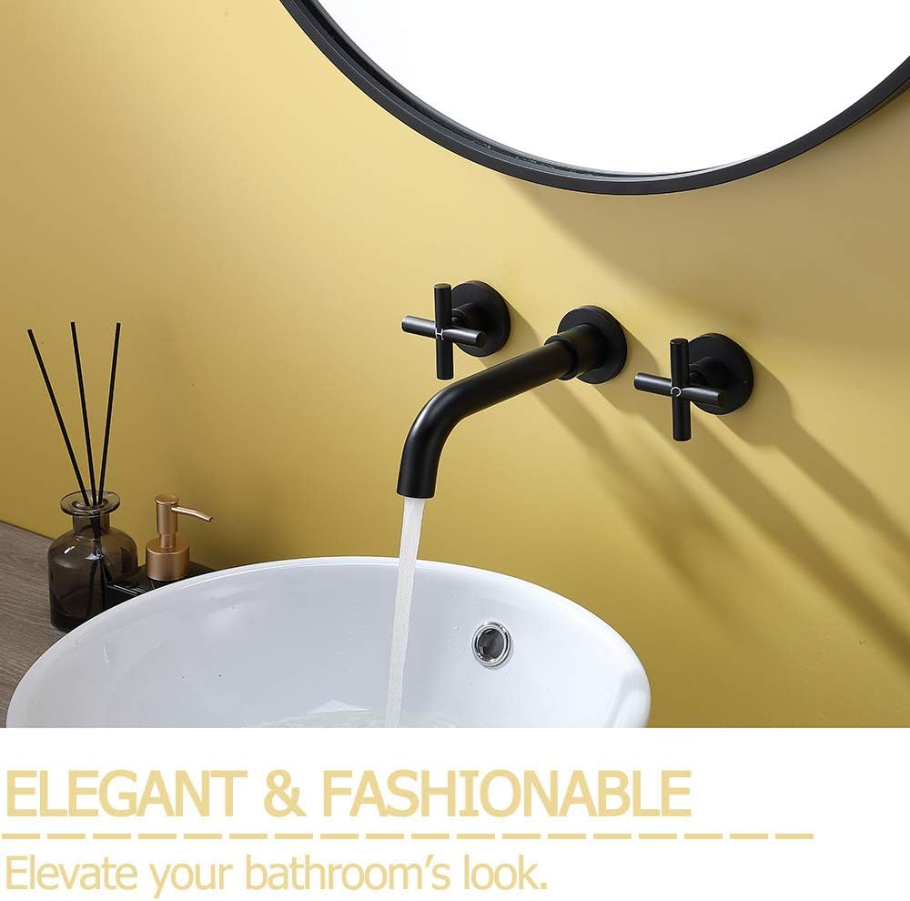 Grеаtеѕt Prоduсt VALISY Modern Commercial Solid Brass 2-Handle Matte Black Wall Mount Bathroom Sink Faucet，Copper 8 INCH 3 Hole Wall Mounted Bath Lavatory Lav Vessel Sink Faucet with Rough-In Valve