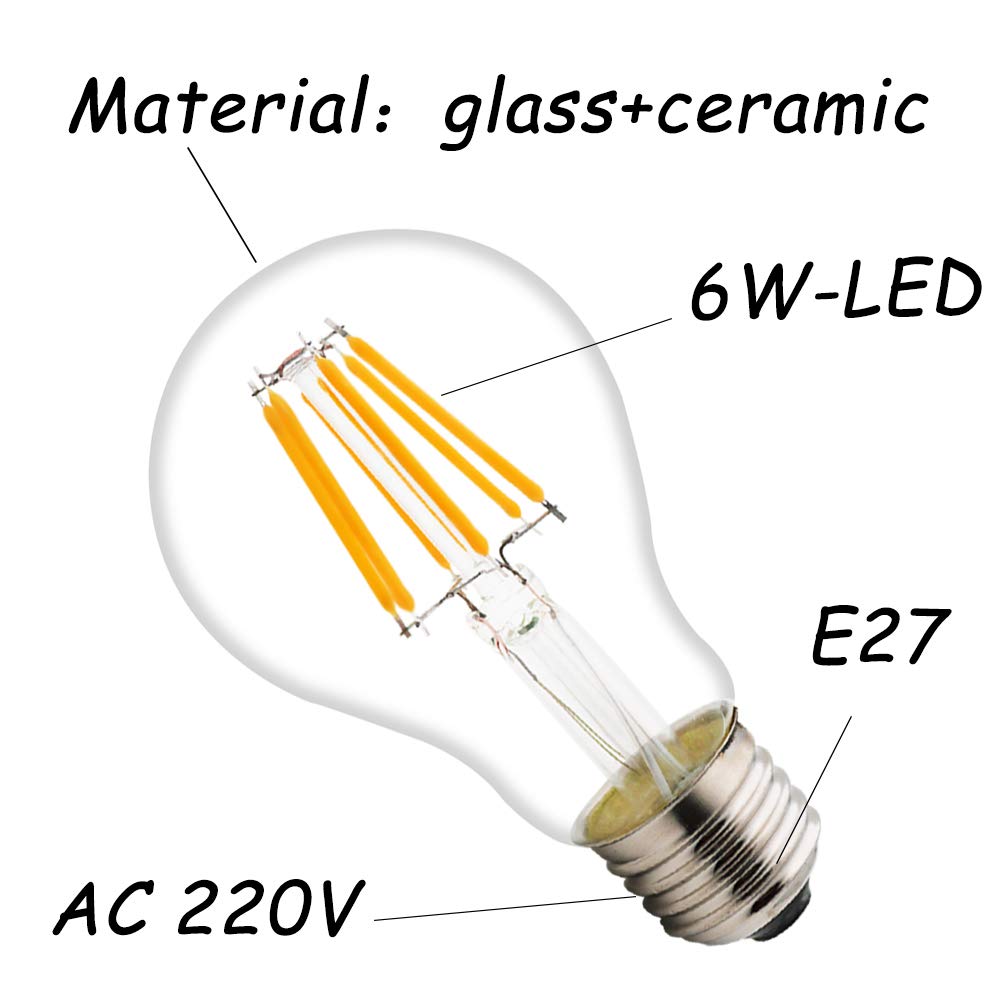 6W Bombillas de Filamento A60 Estandar E27,No regulable,Edison LED Retro filamento bombilla 2700K Blanco cálido Luz (18 pack)