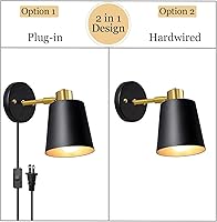 Vista 2 de Yollzey Apliques de pared enchufables, lámpara de pared negra de ángulo giratorio con cable de enchufe, luz de lectura industrial vintage de metal