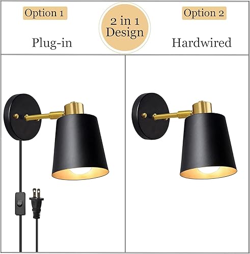 Miniatura 2 de Yollzey Apliques de pared enchufables, lámpara de pared negra de ángulo giratorio con cable de enchufe, luz de lectura industrial vintage de metal