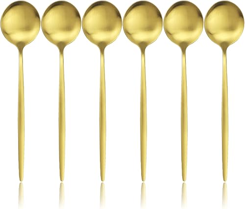 JANKNG 6 cucharas de postre de acero inoxidable dorado, de 7.5in, cucharas de acero inoxidable de grado alimentario para aperitivos de ensalada de