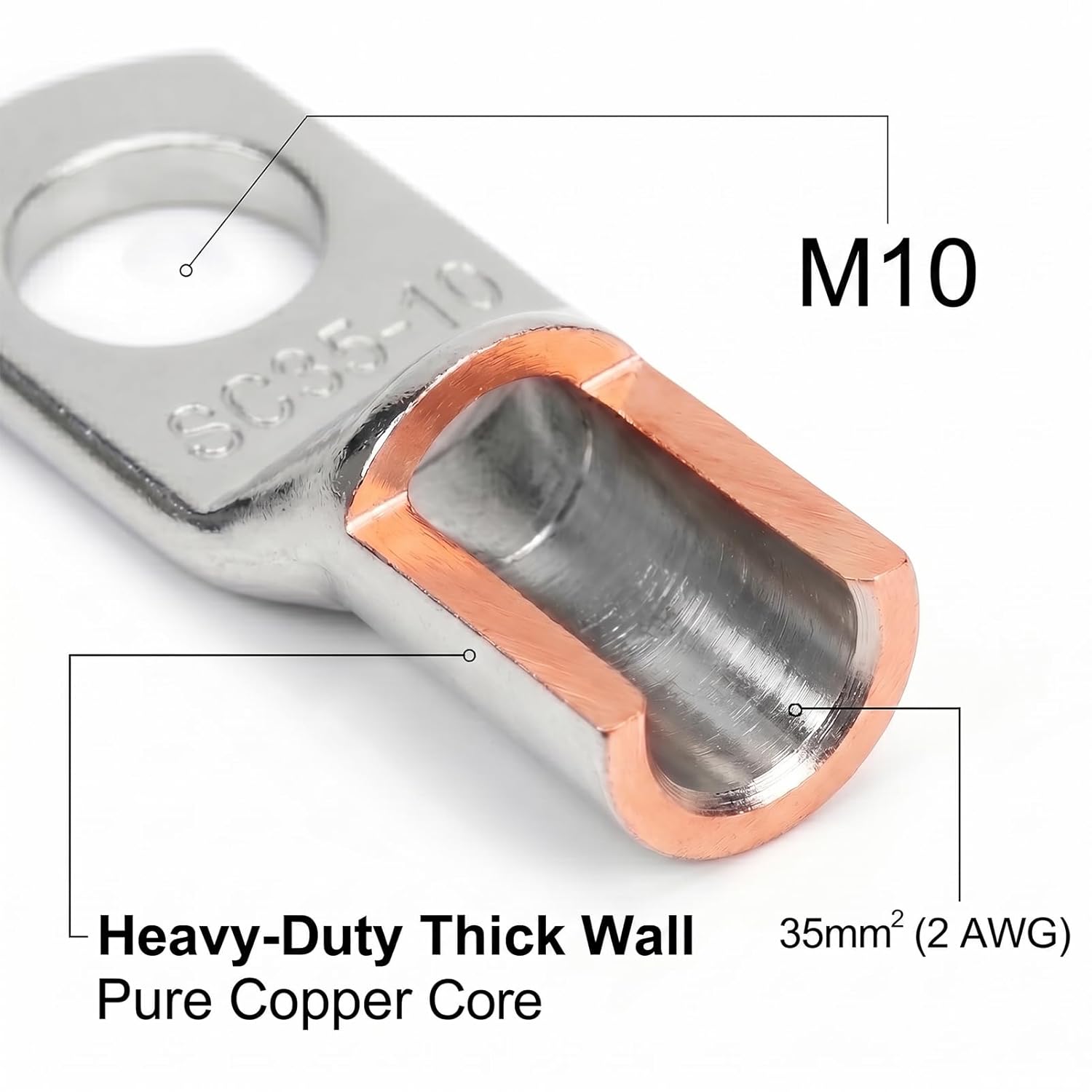 50PCS SC35-10 Tinned Copper Lugs AWG 2,Battery Cable Ends Wire Connectors,Heavy Duty Ring Terminals(50PCS SC35-10)